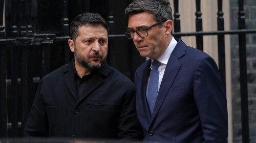 Britain's Prime Minister Andy Burnham says goodbye to Ukraine's President Volodymyr Zelenskyy after their meeting at 10 Downing Street in London, Wednesday, Oct. 14, 2026.