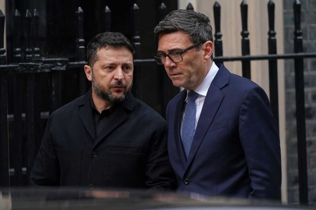 Britain's Prime Minister Andy Burnham says goodbye to Ukraine's President Volodymyr Zelenskyy after their meeting at 10 Downing Street in London, Wednesday, Oct. 14, 2026.
