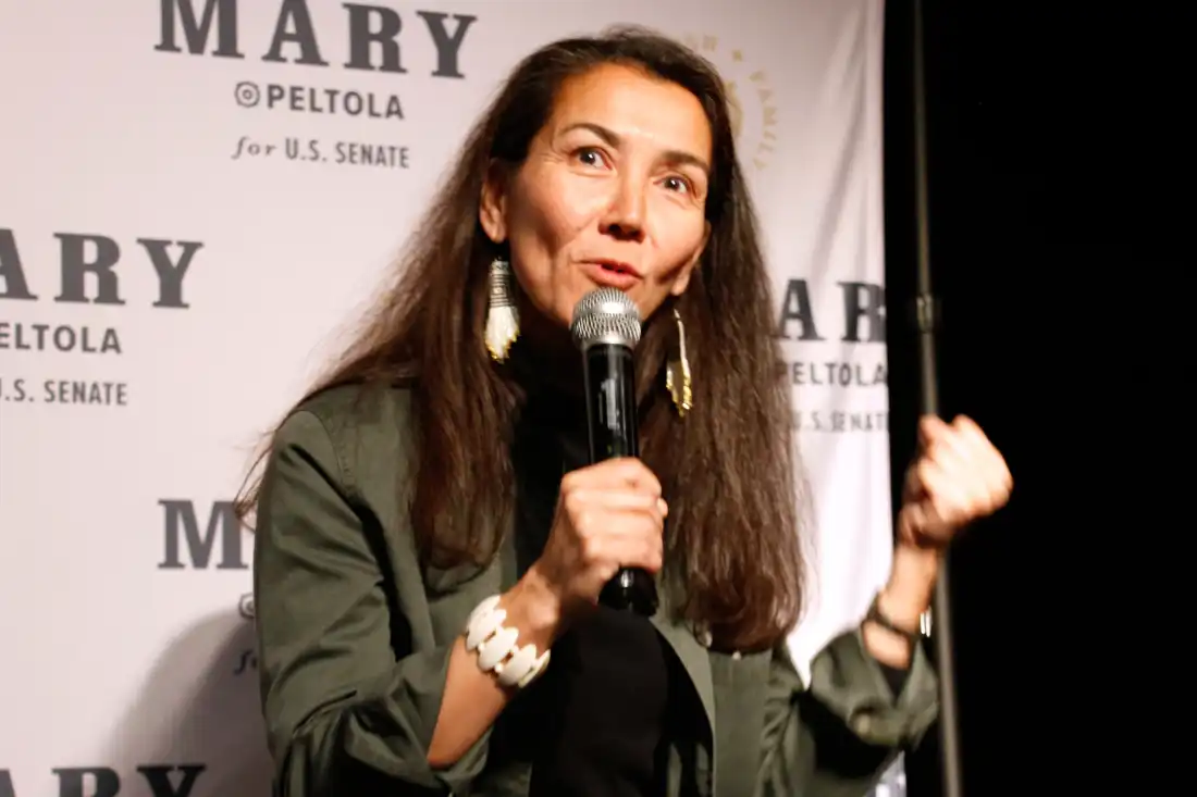 Mary Peltola, a Democrat running for the U.S. Senate seat in Alaska, addresses supporters at an election watch party on Aug. 18 in Anchorage.