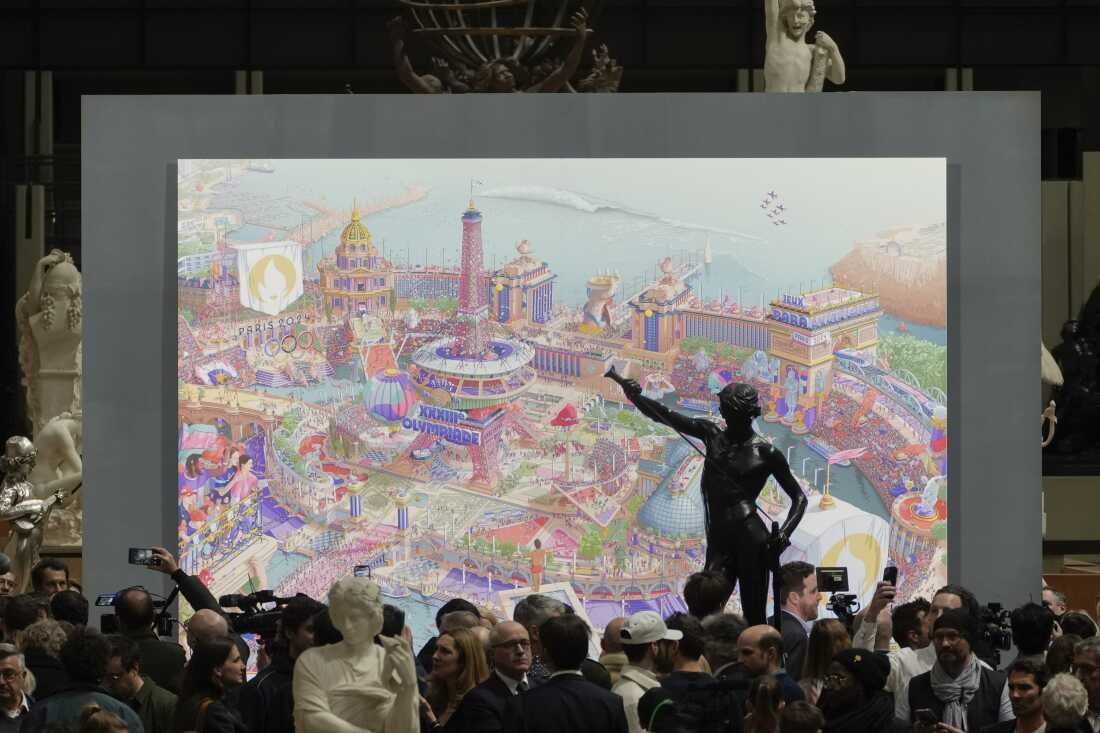 The Paris 2024 Olympic and Paralympic posters are unveiled at the Musee d'Orsay, in Paris, Monday, March 4, 2024. Vibrant colors and striking landmarks illuminate posters for the Paris Olympic Games in an Art Deco style inspired by the city's flamboyant past. (AP Photo/Thibault Camus)
