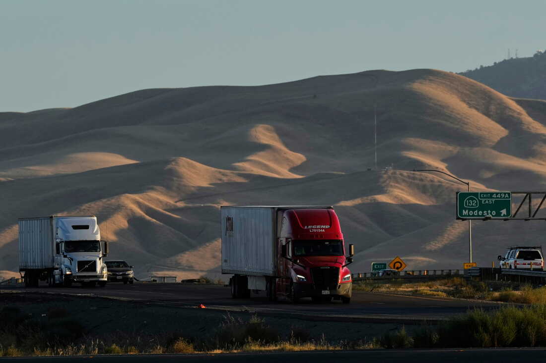 Freight trucks travel northbound on Interstate 5 Highway on Sept. 3, 2025, in Tracy, Calif.