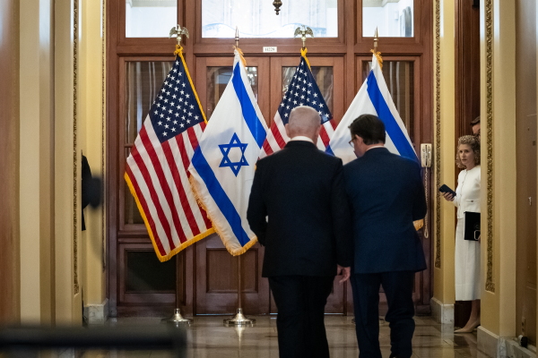 Prime Minister Benjamin Netanyahu and House Speaker Mike Johnson walk inside the Capitol before Netanyahu's address to a joint session of Congress on July 24.