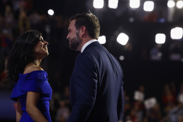 Republican vice presidential candidate, Sen. JD Vance (R-OH) is joined by his wife Usha Chilukuri Vance on stage on the third day of the Republican National Convention in Milwaukee.