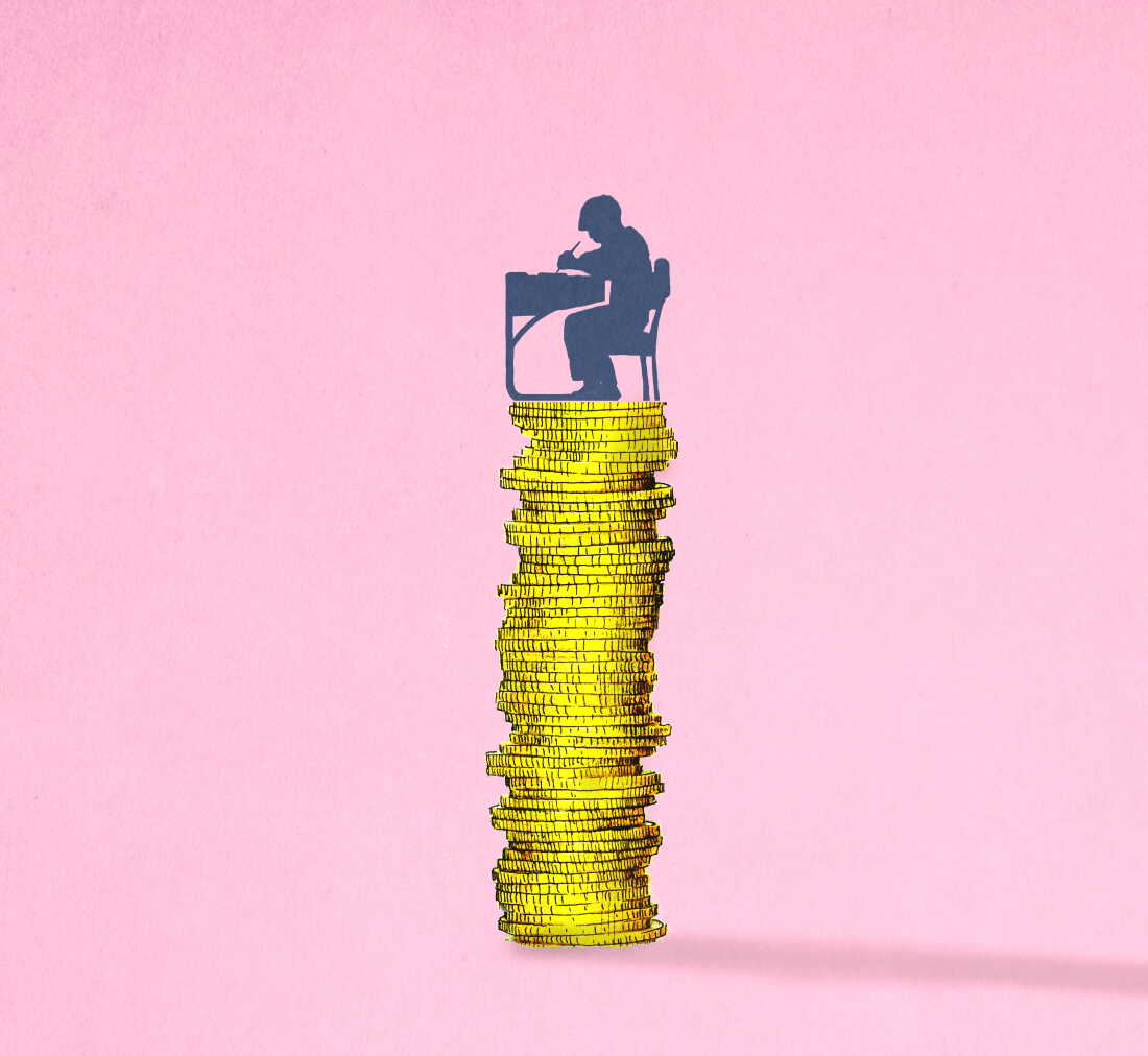 Illustration of a boy sitting at a school desk atop a stack of gold coins.