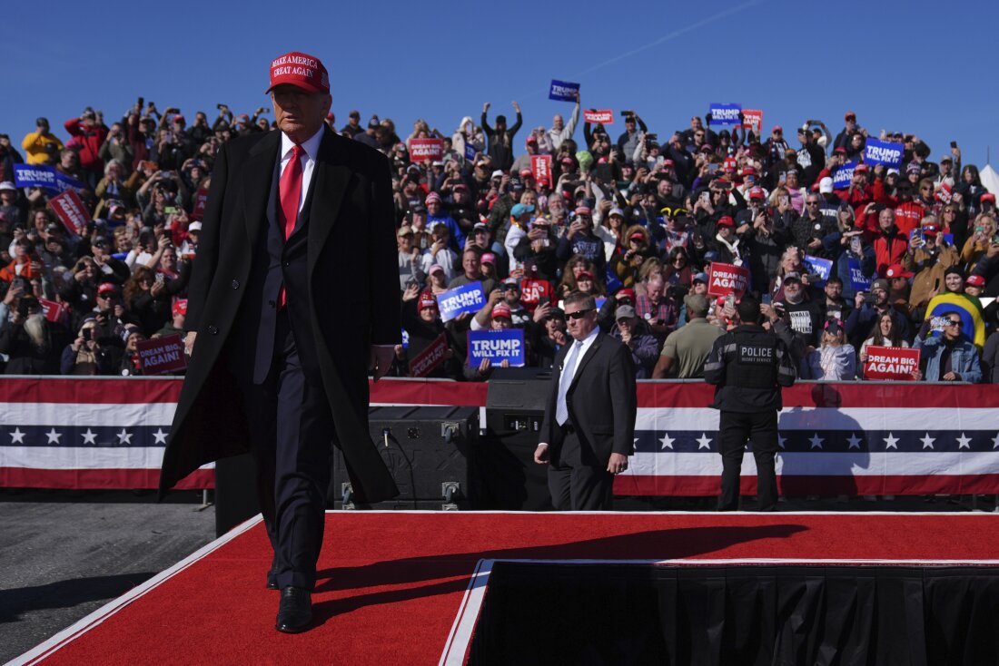 Former President Donald Trump arrives for a campaign rally in Lititz, Pa., on Nov. 3, 2024.