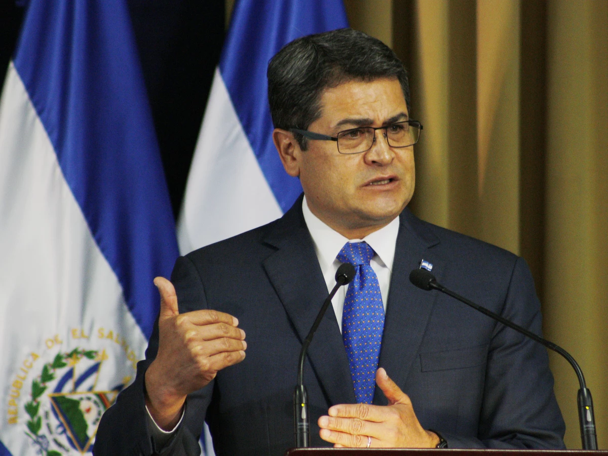 Then-Honduran President Juan Orlando Hernandez gives an speech in San Salvador, El Salvador.
