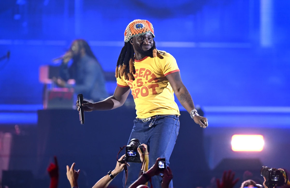 Shaboozey performs during the 2024 iHeartRadio Music Festival in Las Vegas on September 20. Since July, his song 'A Bar Song (Tipsy)' has held onto the top spot on Billboard's singles chart, but this week it falls to brand new song.