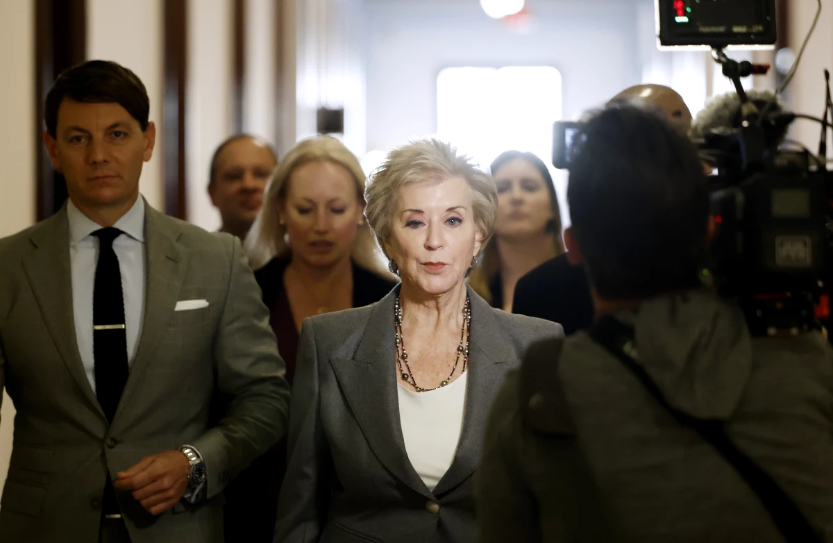 Linda McMahon, President Trump's education nominee, arrives at the Russell Senate Office Building in Washington, D.C., in December.