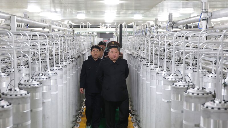 In this photo provided by the North Korean government, its leader Kim Jong Un, front right, visits a new facility to produce nuclear bomb fuels at an undisclosed place in North Korea Wednesday, June 3, 2026. Independent journalists were not given access to cover the event depicted in this image distributed by the North Korean government. The content of this image is as provided and cannot be independently verified. Korean language watermark on image as provided by source reads: "KCNA" which is the abbreviation for Korean Central News Agency.