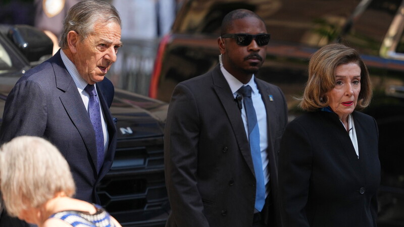 Rep. Nancy Pelosi, D-Calif., and her husband Paul arrive at the funeral services for Clive Davis at Central Synagogue in New York, Monday, June 29, 2026.