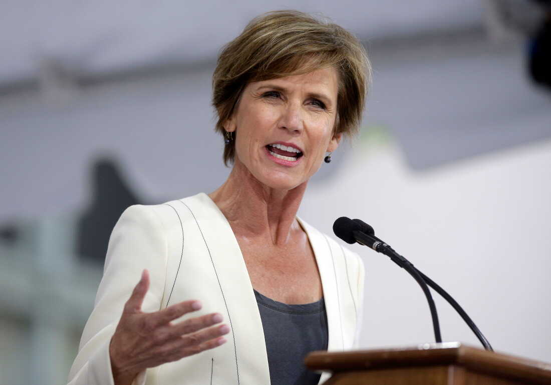 Former U.S. Deputy Attorney General Sally Yates has been tapped to lead an independent investigation into how Cornell University handled the rape allegations of a former student. Here, Yates speaks at Harvard University in Cambridge, Mass., in 2017.