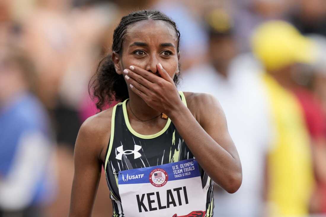 Weini Kelati celebrates after winning the women's 10,000-meter final during the U.S. Track and Field Olympic Team Trials.