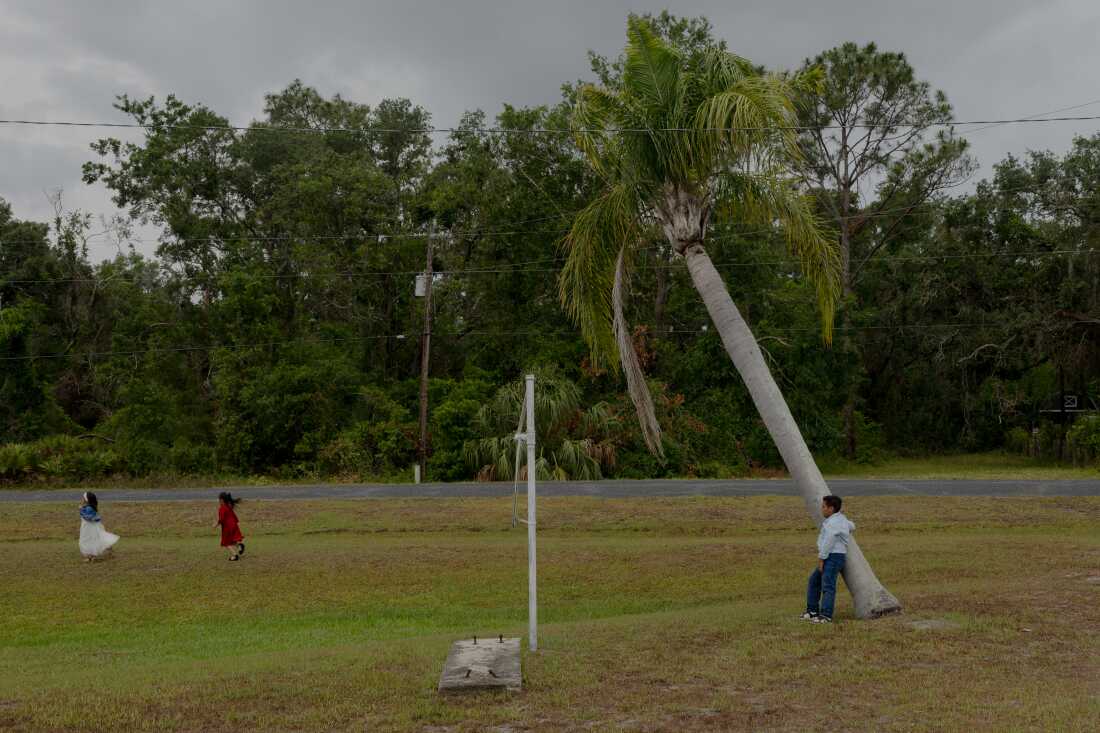 Jason, 9, leans on a palm tree as two girls run through the field after church service lets out, Sunday, May 11, 2025, in Tampa, Florida.