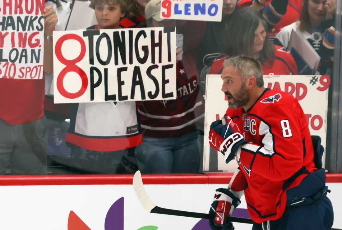 Alex Ovechkin warms up prior to a game against the Chicago Blackhawks at Capital One Arena.