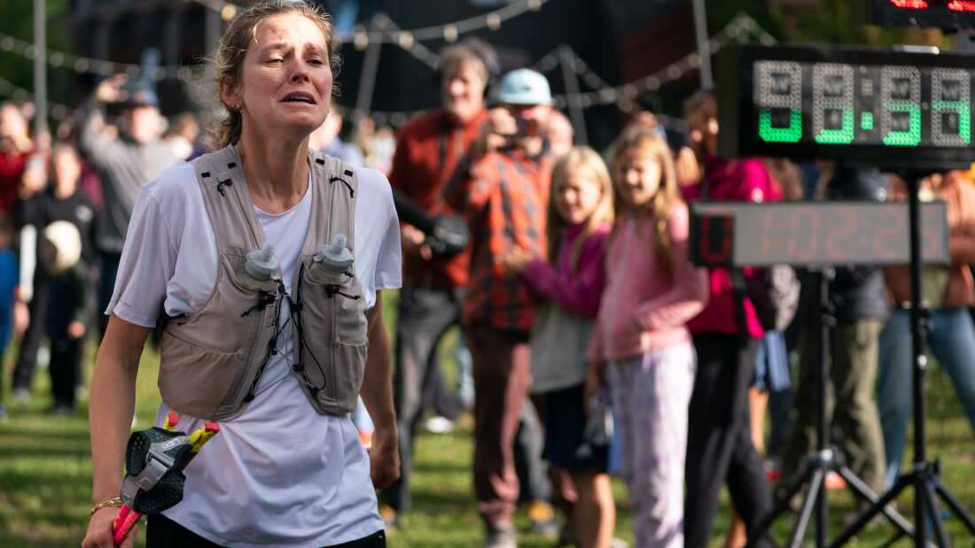 Gold medal-winning Olympian and Minnesotan Jessie Diggins crosses the finish line during the Superior 100 Mile Trail Race Saturday, Sept. 12, 2026 at Caribou Highlands Lodge in Lutsen, Minn.
