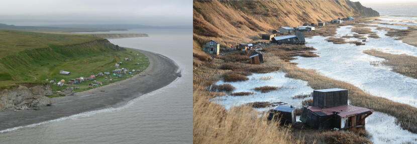 The Umkumiut seasonal subsistence site and village on Nelson Island is seen in 2014 (left) and after the remanants of Typhoon Halong struck the site on Oct. 12, 2025.