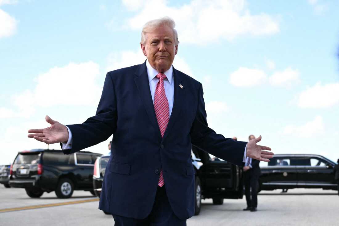 US President Donald Trump speaks to the press upon arrival at Miami International Airport in Miami, Florida, on March 27, 2026. Trump will deliver remarks at the FII PRIORITY Summit in Miami Beach.