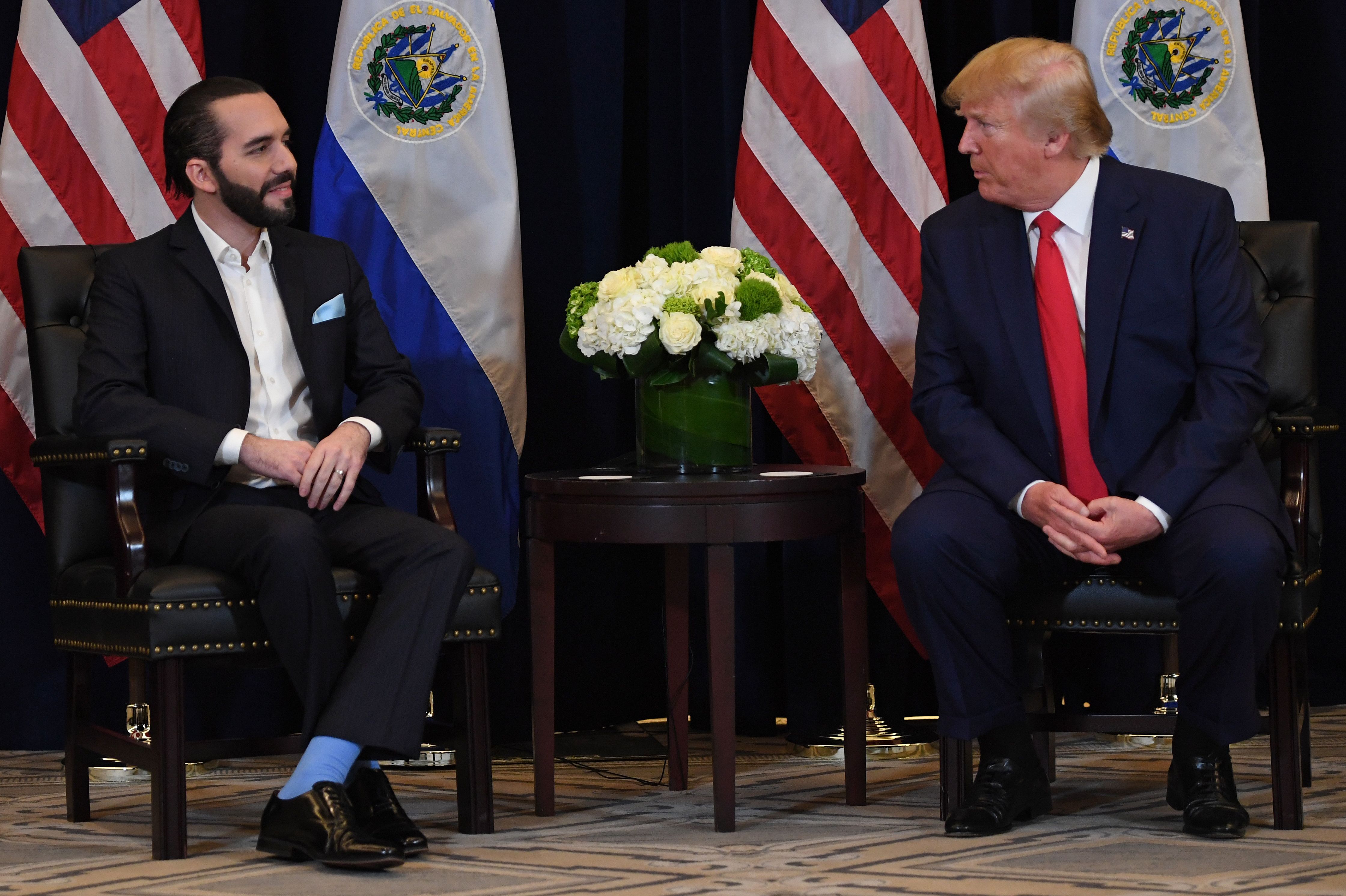 US President Donald Trump and President Nayib Bukele of El Salvador hold a meeting in New York, on September 25, 2019, on the sidelines of the United Nations General Assembly.