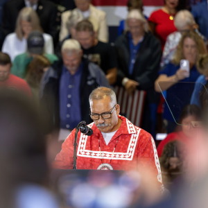 Choctaw Nation Assistant Chief Jack Austin Jr. leads a Christian prayer at President Donald Trump's rally in Durant on Oct. 1.