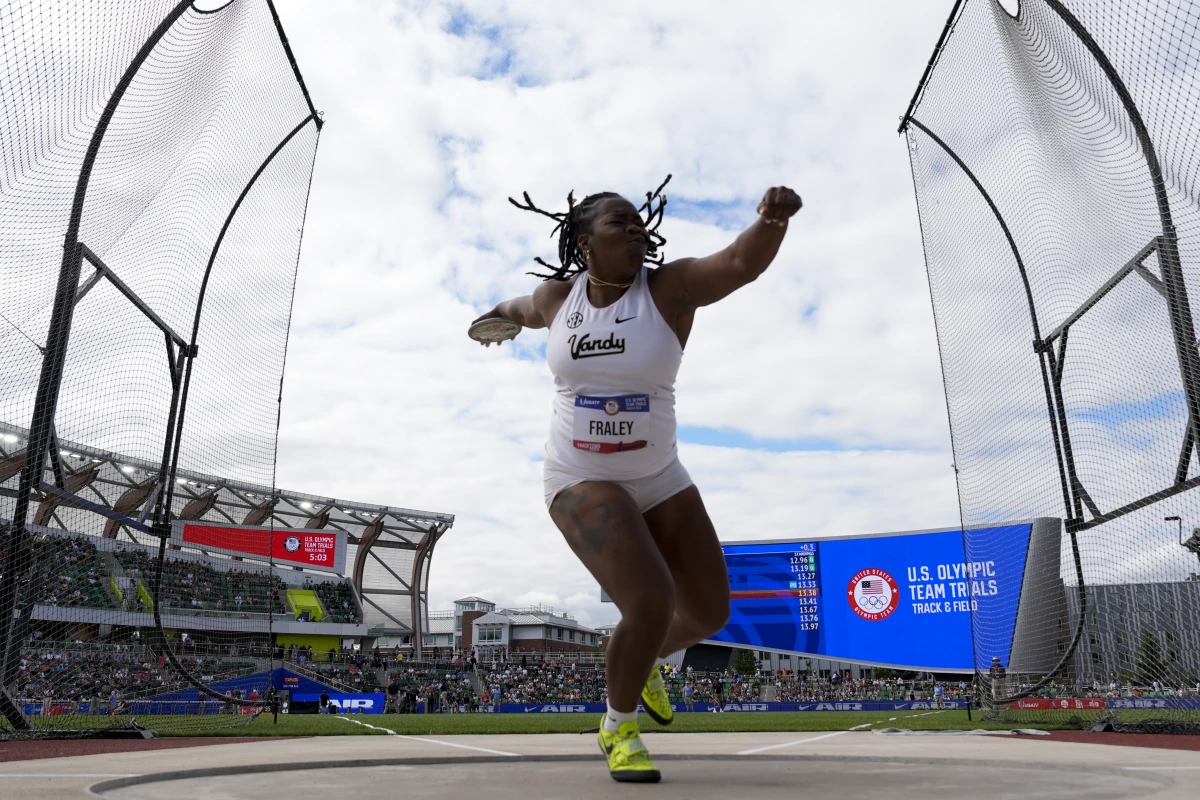 Veronica Fraley competes in the women's discus throw final during the U.S. Track and Field Olympic Team Trials in June in Eugene, Ore.