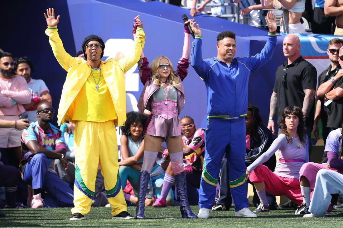 Ronaldinho, Madonna and Ronaldo perform during the Topps Final Halftime Show at New York New Jersey Stadium on July 19, 2026 in East Rutherford, New Jersey.