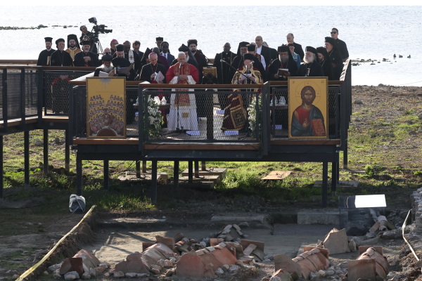 Pope Leo XIV takes part in a prayer service with Bartholomew I, Ecumenical Patriarch of Constantinople, near the excavations of the ancient Basilica of Saint Neophytos on Nov. 28, 2025 in Iznik, Turkey.