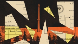 A collage showing the Idaho National Laboratory nuclear facility covered with fragments of documents from the Department of Energy. 