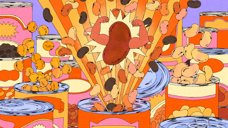 In this illustration, a giant kidney bean flexes its arms against a backdrop of cans of beans, where various types of beans are exploding out of the tops.