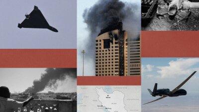 A collage of images including an Iranian-designed Shahed-136 drone flown by Russia in 2025, smoke rising after drone strike in Port Sudan in 2025, smoke billowing out of a high-rise building in Kuwait City on March 8, a map of Iran and surrounding countries, a photo of a small commercial drone being used by a Ukrainian soldier in 2023 and a Global Hawk drone flying over California in 2023. 