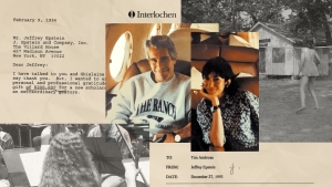 A collage that shows photos of Jeffrey Epstein and Ghislaine Maxwell on a plane with black and white photos of students playing in an orchestra and a girl near a cabin. There are fragments of documents showing over $350,000 of donations from Epstein to the Interlochen Center for the Arts. 