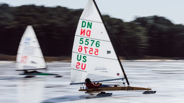 Ice boat racer and sailor Ray Gauthier sails across the ice at Claiborne Cove, in Claiborne, Md.