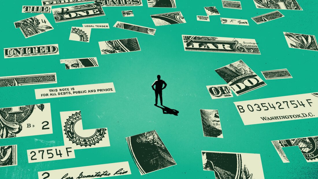 This illustration shows a man standing on a teal floor and surrounded by fragments of U.S. dollar bills scattered all around him on the ground.