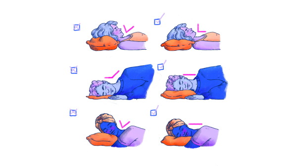 Pillow height or "loft" is important to maintaining proper sleep posture and preventing neck pain. In the illustration above, the left column shows improper pillow height for back sleepers, side sleepers and stomach sleepers, respectively. The right column demonstrates proper pillow height for each sleeping position in order to maintain a neutral spine.