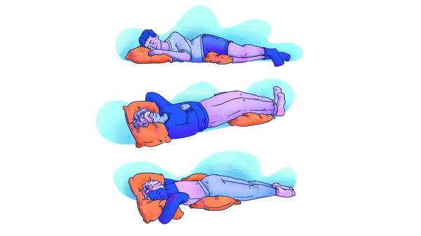 An image shows how pillows can be used to support proper sleep posture for back sleepers, side sleepers and stomach sleeprs.
