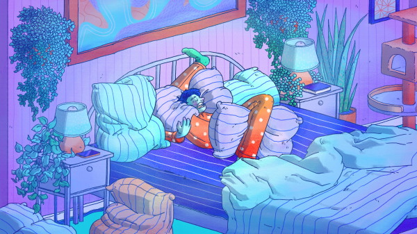 An illustration shows a man in an orange pajama set tangled up like a pretzel in the middle of his large bed. His limbs are askew, clutching pillows, and his face is in a grimace, illustrating the concept of neck pain arising from poor sleep posture. His bed and room are rendered in cool tones, purple, blue, and green. And he is surrounded by lush plants, geometric art, and striped pillows. Nightstands flank his bed, and a cat tower sits to the right of his bed.