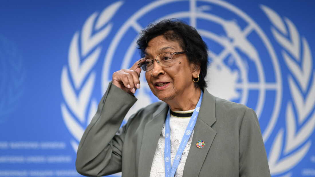 South African human rights lawyer Navi Pillay, 2026 Nobel Peace Prize laureate, arrives for a news conference in Geneva on June 18, 2025.