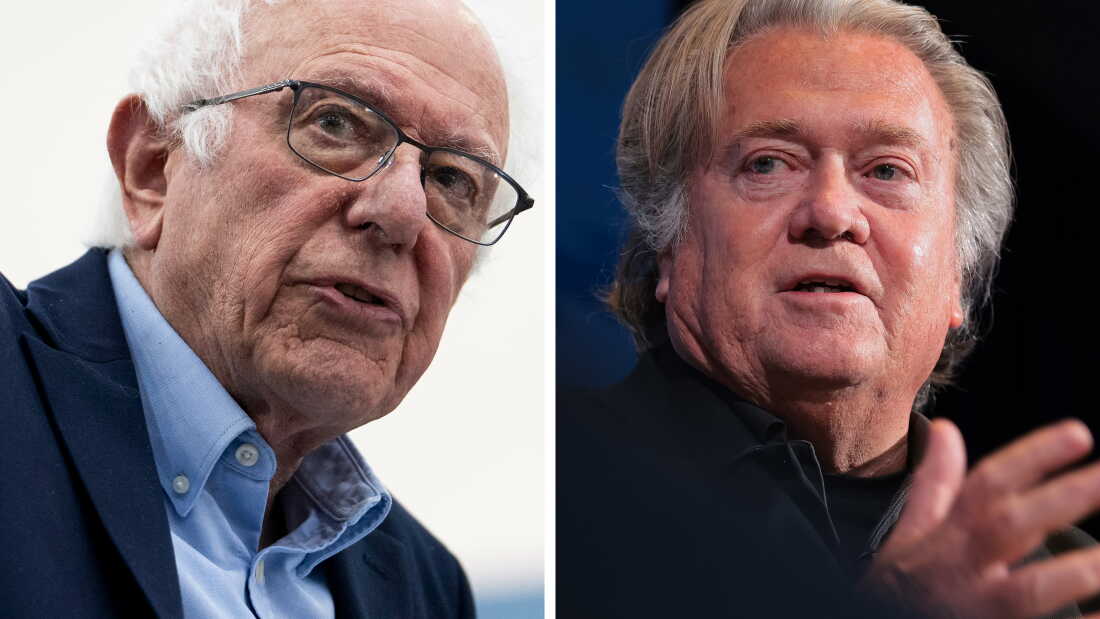 Sen. Bernie Sanders speaks at Mumford High School on May 3 in Detroit. Steve Bannon speaks during the Semafor World Economy Summit 2025 at Conrad Washington on April 23, 2025, in Washington, D.C.