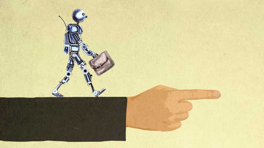 Illustration of humanoid robot carrying briefcase along large pointing arm.