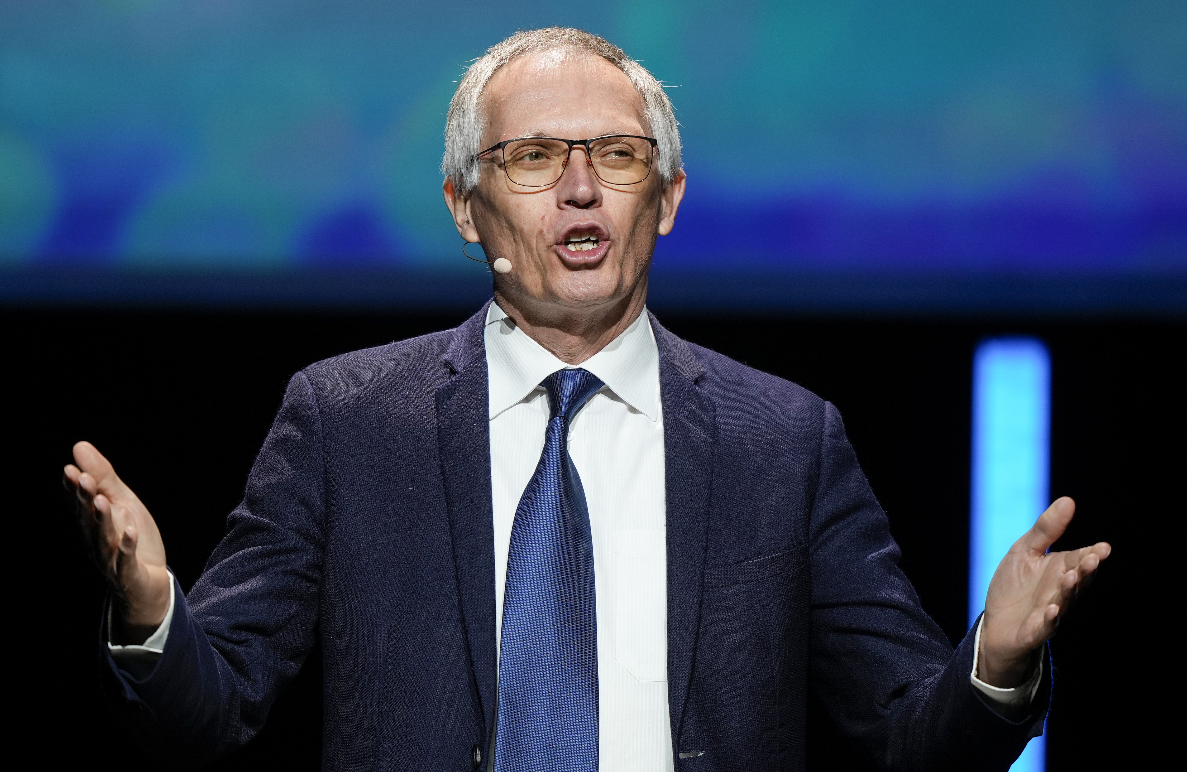 CEO Stellantis Carlos Tavares speaks during the Paris Automotive Summit on the sideline of the Paris Auto Show, in Paris, on Oct. 15.