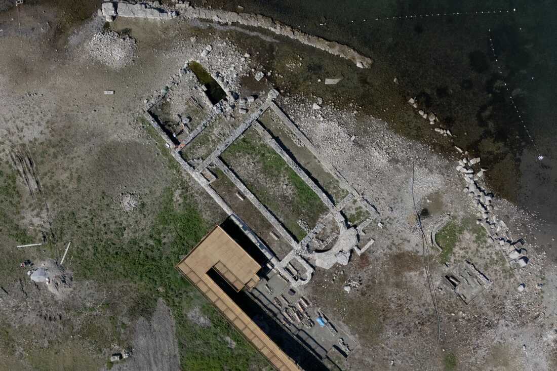 This aerial photograph shows remains of the sunken Byzantine Basilica of Saint Neophytos on the shore of Lake Iznik, which Pope Leo XIV visited on Friday, Nov. 28th.