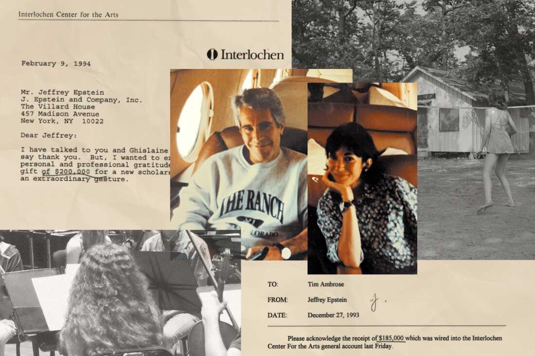 A collage that shows photos of Jeffrey Epstein and Ghislaine Maxwell on a plane with black and white photos of students playing in an orchestra and a girl near a cabin. There are fragments of documents showing over $350,000 of donations from Epstein to the Interlochen Center for the Arts. 