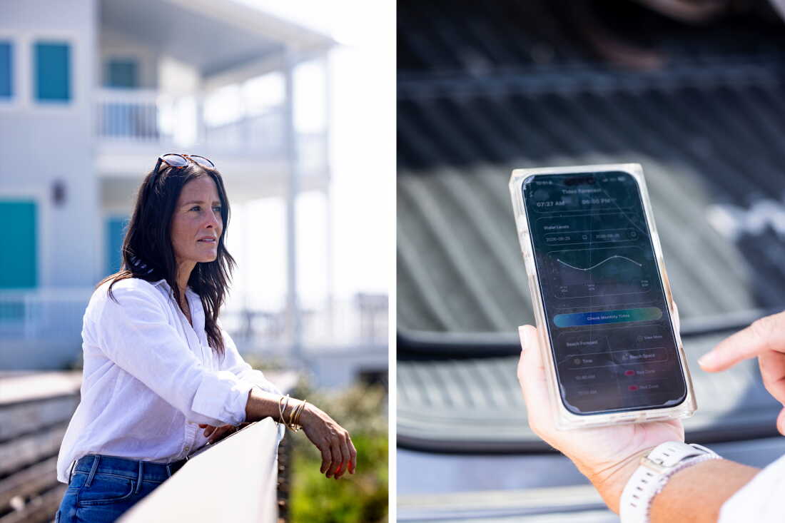 The photo on the left shows Sara Day standing at the railing of a beach boardwalk. She's wearing blue jeans and a white long-sleeved shirt. The photo on the right shows Day's hand holding a smartphone that's displaying the Shoreline Defender app.