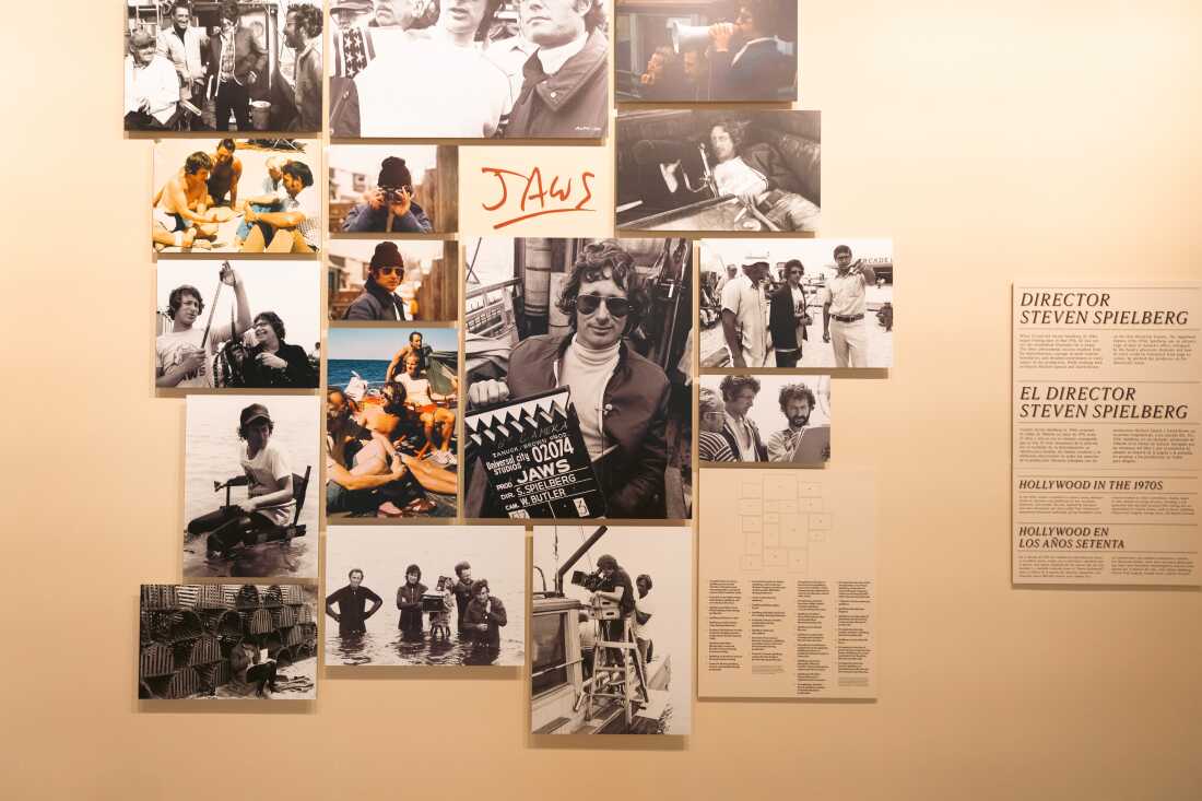 A collage of behind the scene photos of filming JAWS. 