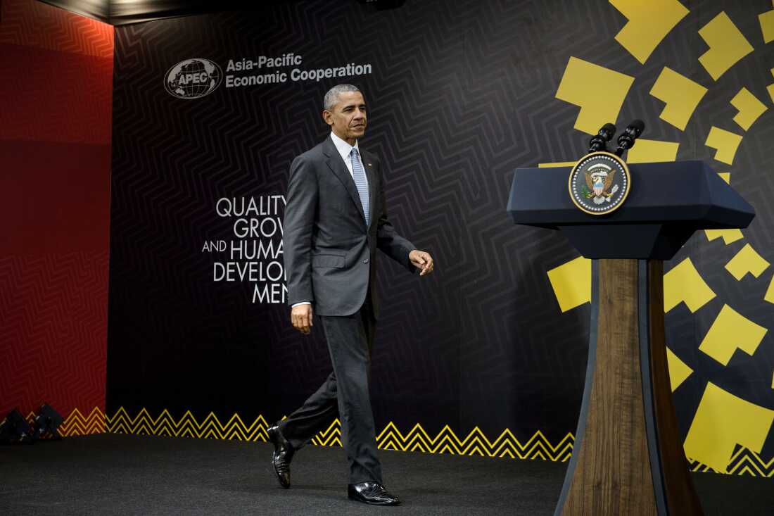 President Barack Obama arrives for a press conference after attending the Asia-Pacific Economic Cooperation summit on Nov. 20, 2016 in Lima, Peru. Asia-Pacific leaders were expected to send a strong message in defense of free trade on November 20 as they wrap up a summit that has been overshadowed by US President-elect Donald Trump's protectionism. / AFP / Brendan Smialowski (Photo credit should read BRENDAN SMIALOWSKI/AFP via Getty Images)