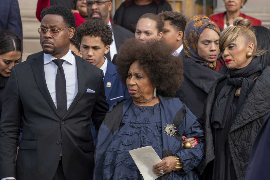 Jacqueline Jackson, the widow of the Rev. Jesse Jackson, is supported by her daughter Santita Jackson outside the headquarters of the Rainbow PUSH Coalition following Jackson’s homegoing service on Saturday.