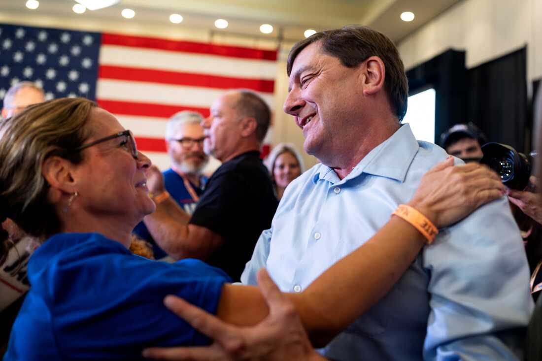 Troy Jackson, U.S. Senate Candidate, interacts with delegates after being nominated as the Democratic U.S. Senate Candidate during the Nominating Convention at the Bangor Cross Insurance Center on Saturday.