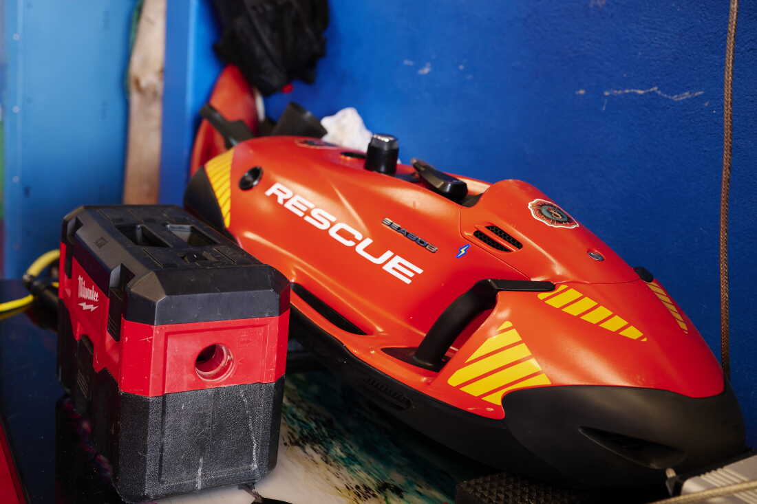 A Seabob rescue vehicle inside the garage of the Seaside Heights Ocean Rescue office, Seaside Heights, NJ. A rescue swimmer is propelled by this vehicle for water rescues. The department is looking into aerial drones equipped with floatation devices and unmanned water drones like the ones the Ocean County Sheriff's Office uses, to aid in water rescue. Albert Yee for NPR.