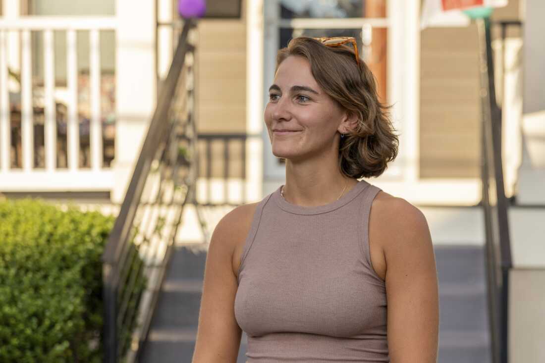 Mary Gardner, a former resident of Anne Montgomery House, poses for a portrait in front to the house in Washington, D.C. on July 31, 2026. The community house that is closing after ten years was run by Society of the Sacred Heart, an international congregation of Roman Catholic religious women.