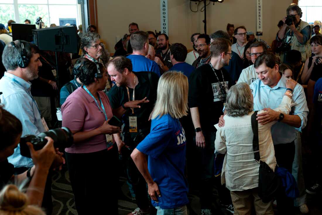 Troy Jackson interacts with delegates after being nominated as the Democratic U.S. Senate Candidate on Saturday.