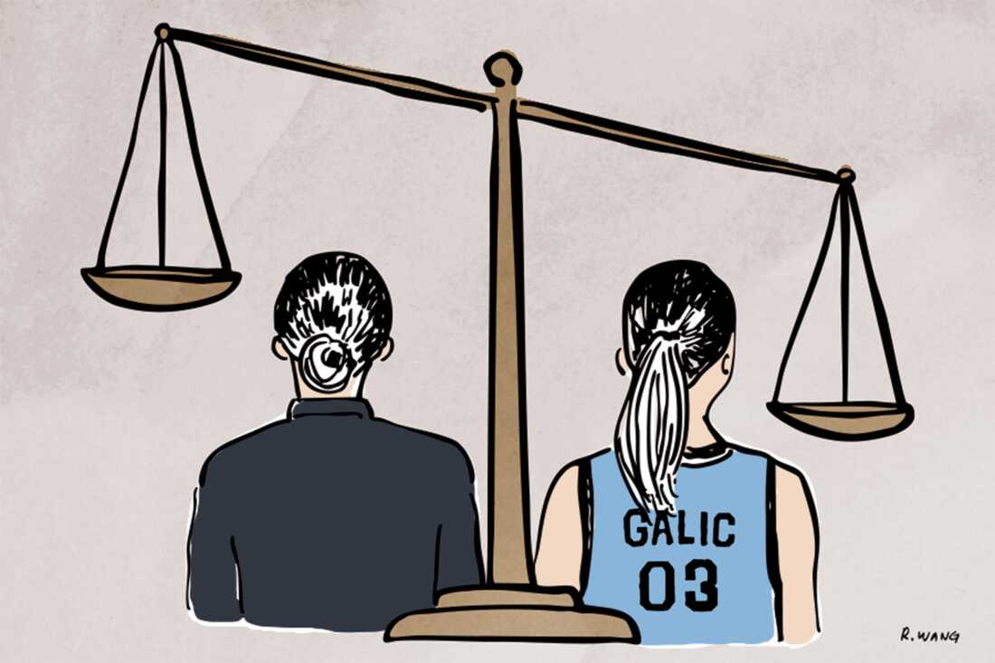 This illustration shows Marija and Marta Galic standing underneath justice scales. With their backs to the viewer, Marija, on the left, is dressed in all black, with her hair in a bun, and Marta, on the right, is wearing a blue basketball uniform, with her hair in a ponytail.